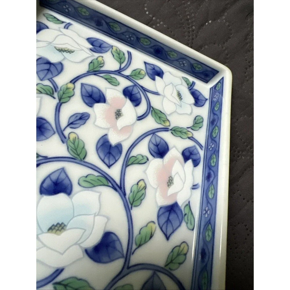 VTG Japanese Porcelain Rectangular Tray Lotus Floral Pink Blue Design Trinket